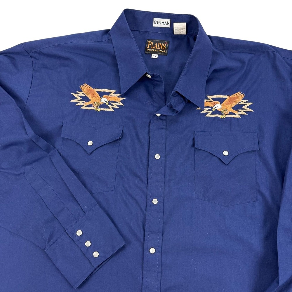 Plains Western Wear Shirt Mens Big Man 3X Blue Western Pearl Snap Eagle Cowboy